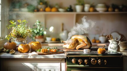 Thanksgiving feast preparation cozy kitchen food autumn atmosphere warm lighting culinary tradition