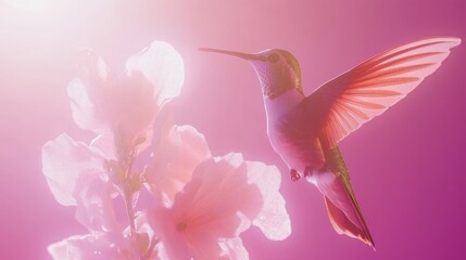 Obraz premium A vibrant hummingbird hovering near pink flowers in a dreamy, soft-focus background.