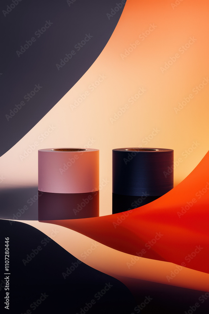 Poster dynamic abstract design: colorful tape rolls and fluid shapes creating a modern vibrant composition