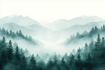 Fototapeta premium serene watercolor landscape depicts misty mountains and dense forest, creating tranquil and ethereal atmosphere. soft hues and gentle gradients enhance peacefulness of scene