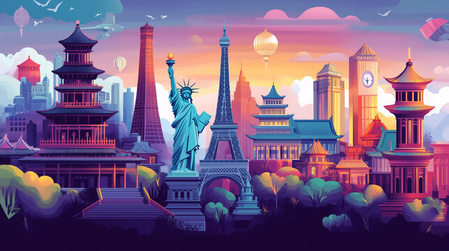 A vibrant collage of iconic landmarks from around the world, including the Eiffel Tower, the Statue of Liberty, and the Taj Mahal.