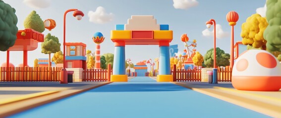 Colorful amusement park entrance with playful structures and vibrant landscaping.
