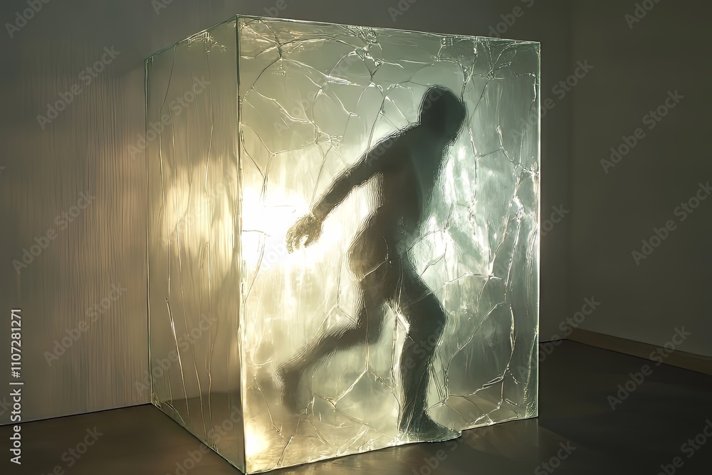 Poster struggling figure trapped in transparent ice-like sculpture illuminated from behind in an art galler