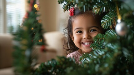 A joyful holiday moment captured through pine branches of a Christmas tree, showing pure childhood happiness and wonder during the festive season at home with warm bokeh lights.