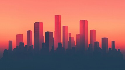 Naklejka premium A vibrant skyline at sunset, featuring tall buildings silhouetted against a gradient of warm colors.