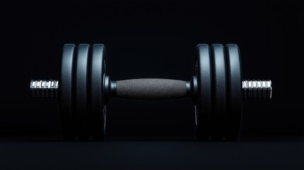 Close-up of a black adjustable dumbbell with a textured grip handle on a dark background, emphasizing fitness equipment.