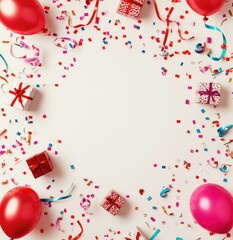 A festive arrangement with balloons, gifts, and confetti for a celebration.