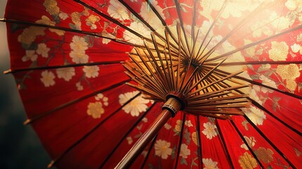 close-up of a Chinese umbrella, featuring delicate floral patterns in rich red and gold, illuminated by soft sunlight filtering through the canopy