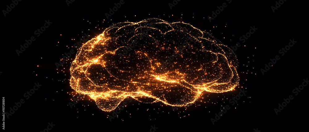 Poster abstract glowing brain: digital particle representation of human intelligence