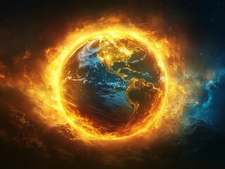 A fiery depiction of Earth encircled by flames, symbolizing environmental challenges and climate change.