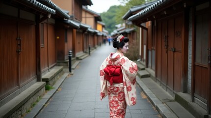 Geisha in Kimono Walking on Cobblestones