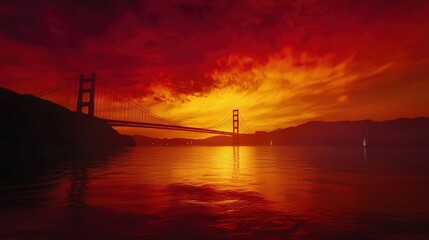 Golden Gate Bridge glowing under the fiery colors of sunset, its silhouette mirrored in the bay waters below