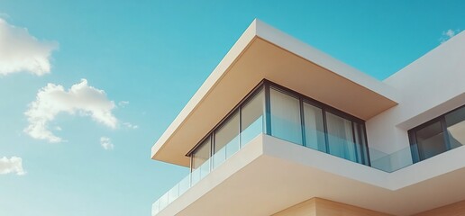 Modern architectural design featuring a sleek balcony and clear skies.