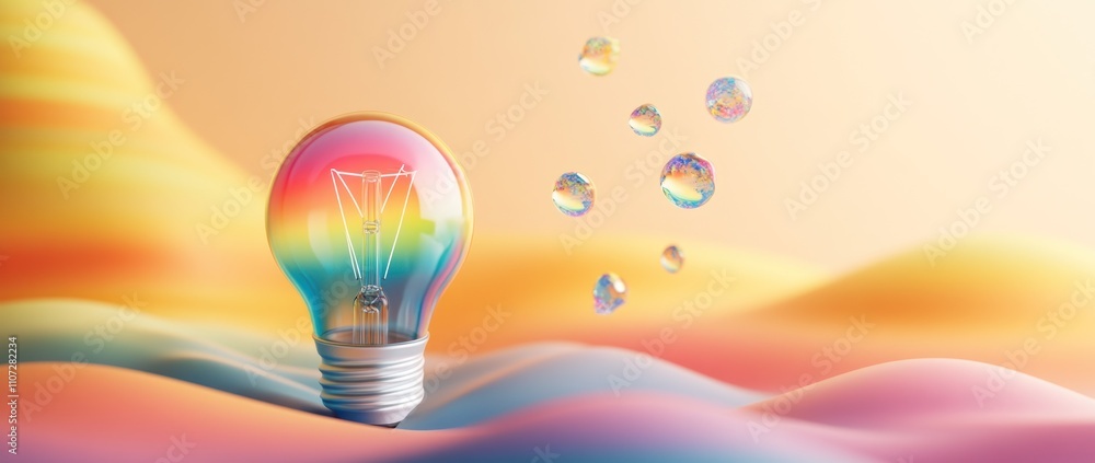 Canvas Prints a colorful light bulb amidst soft, wavy pastel backgrounds and floating bubbles.