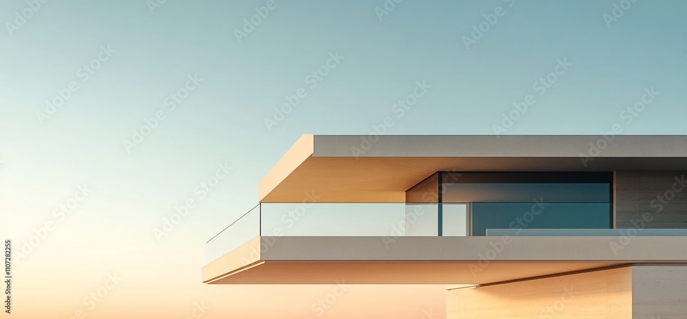Poster modern architectural structure with a sleek balcony at sunset.