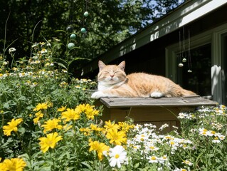 Fototapeta na wymiar Cat relaxing in flower garden home garden nature outdoor setting daytime serenity pets and flora