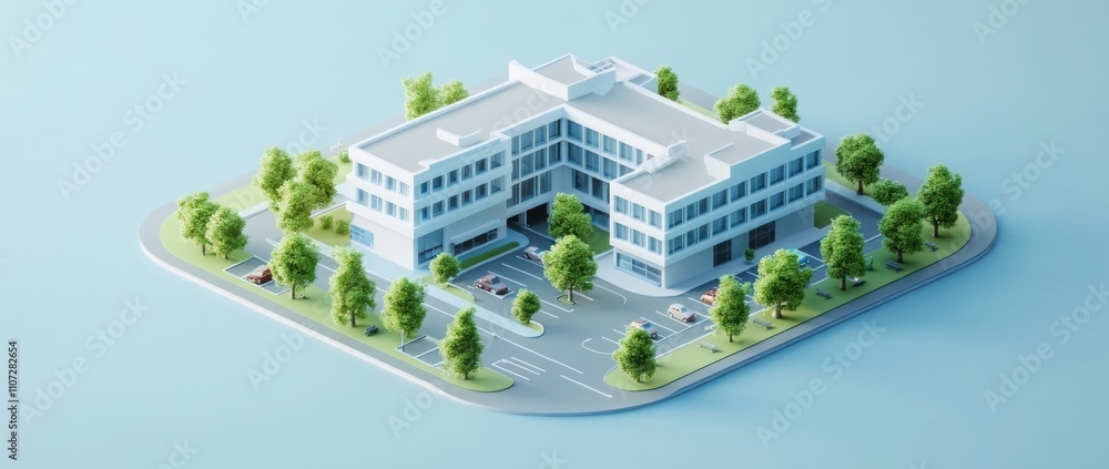 Poster a modern building surrounded by greenery and parking spaces, resembling an office complex.