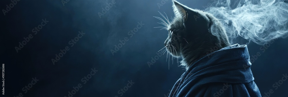 Poster a cat draped in a cloak with ethereal smoke, creating a mystical atmosphere.