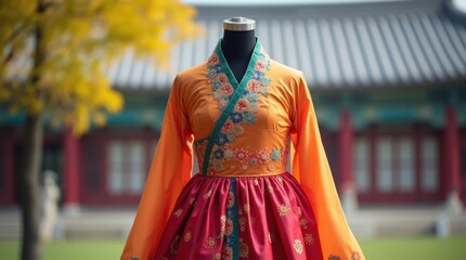 Naklejka premium Traditional Korean Hanbok Dress Displayed