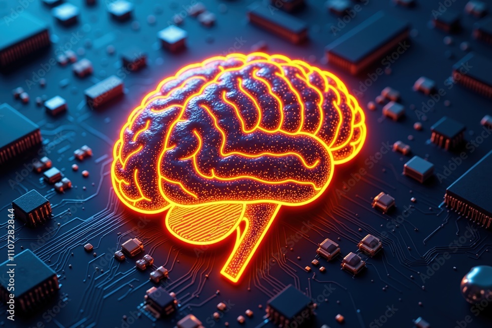 Poster futuristic neon brain on circuit board: merging technology and intelligence in digital age.