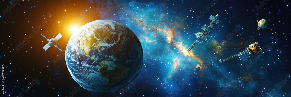 Wall mural a vibrant space scene featuring earth, satellites, and a colorful galaxy backdrop.