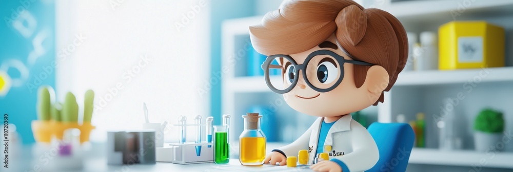 Aufkleber a cheerful child scientist conducts experiments with colorful liquids in a lab setting.