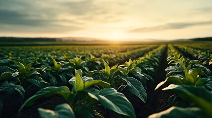 Lush green crops growing in rows on an expansive farm field during sunset or sunrise, with soft sunlight casting warm tones over the landscape