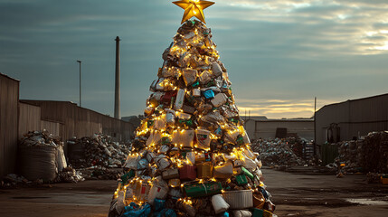 Pile of trash shaped like a Christmas tree with lights and star in industrial area. Concept of recycling and environmental awareness.