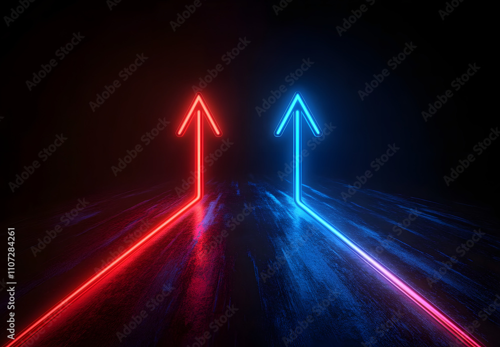 Poster red and blue glowing arrows pointing upward on two contrasting paths against a dark background.
