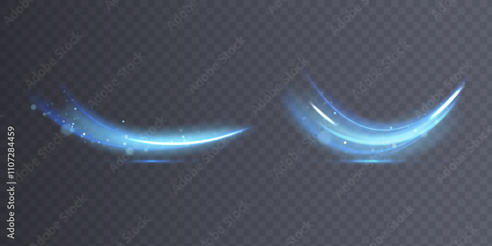 Poster Magical glow. The light effect sparkles in a curved path, sparkling with a shiny magical textured shimmer. Glowing wave of stardust, shiny sparkle magical starlight, isolated set for vector