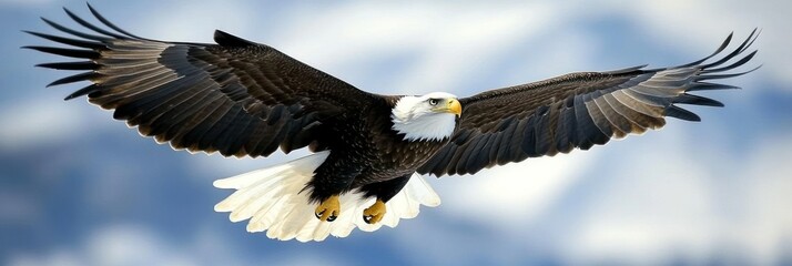 Fototapeta premium A majestic eagle soaring with outstretched wings against a blurred mountain backdrop.