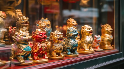 Colorful decorative figurines displayed in a shop window.