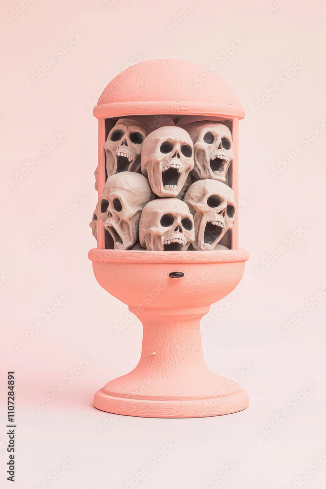 Poster intriguing pink art sculpture featuring a collection of skulls in a vending machine style structure