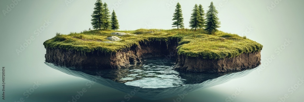 Poster a floating island with trees and water, symbolizing nature and tranquility.