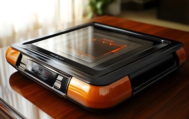 A sleek, modern cooking device with a glass top for preparing food.