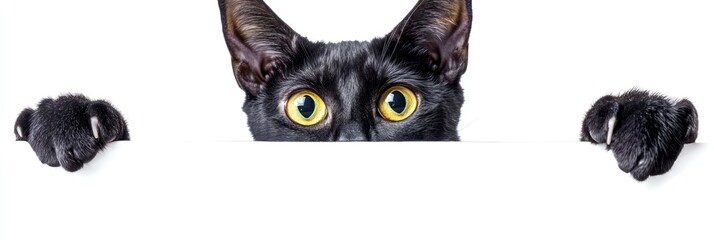 Fototapeta premium A curious black cat peeking over a white surface with bright yellow eyes.