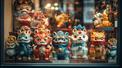 Fototapeta premium Colorful decorative figurines displayed in a vibrant shop window.