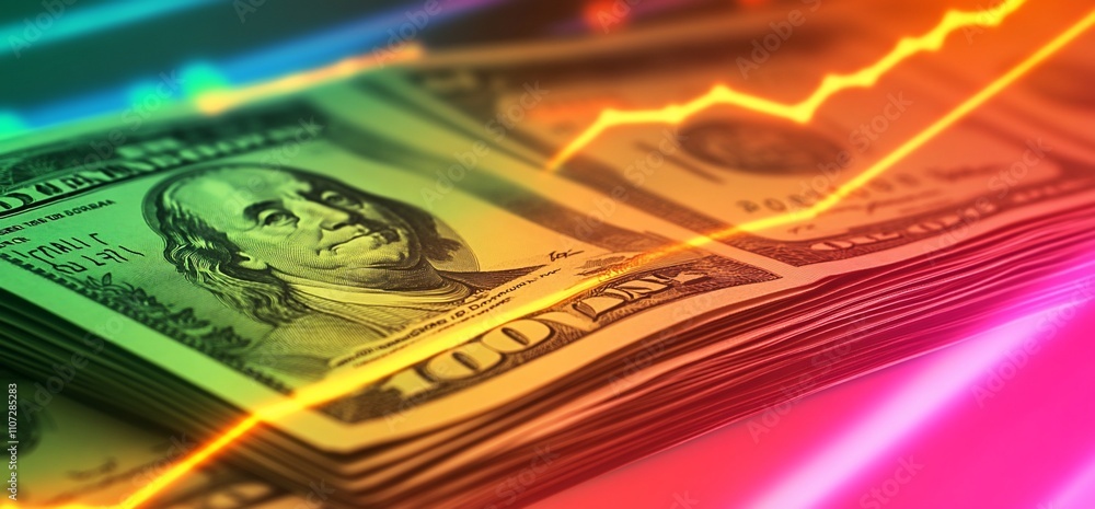 Poster stacks of money with a colorful graph line indicating financial growth.