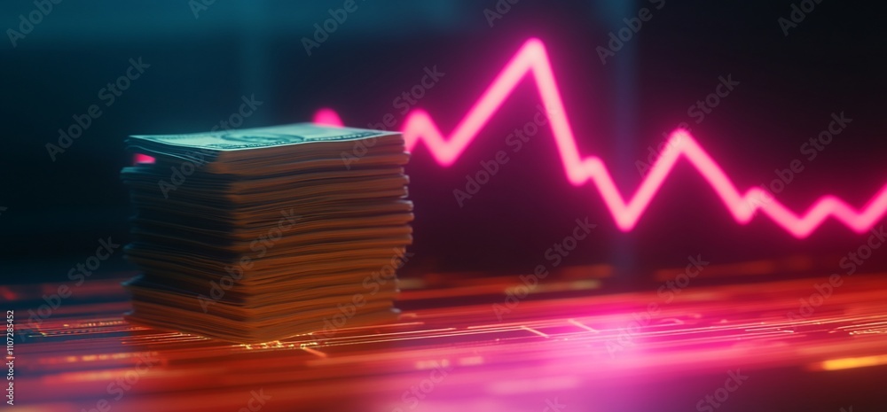 Poster stacked cash with a fluctuating graph background representing finance.