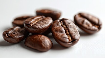 Obraz premium Group of coffee beans with visible oils on a white background, macro photography