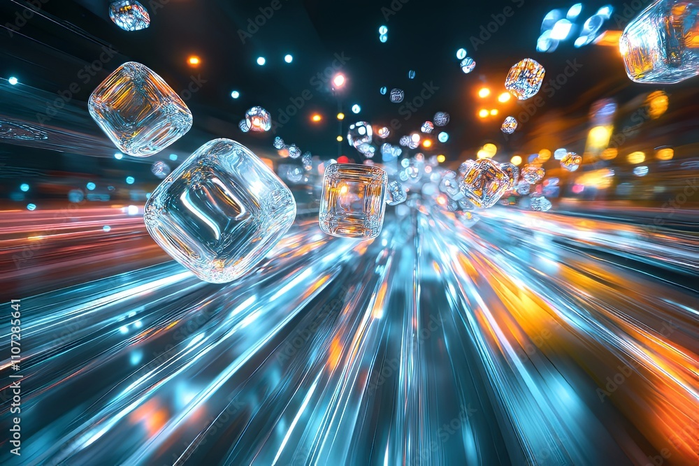 Aufkleber abstract depiction of ice cubes floating through a vibrant cityscape at night with blurred lights an