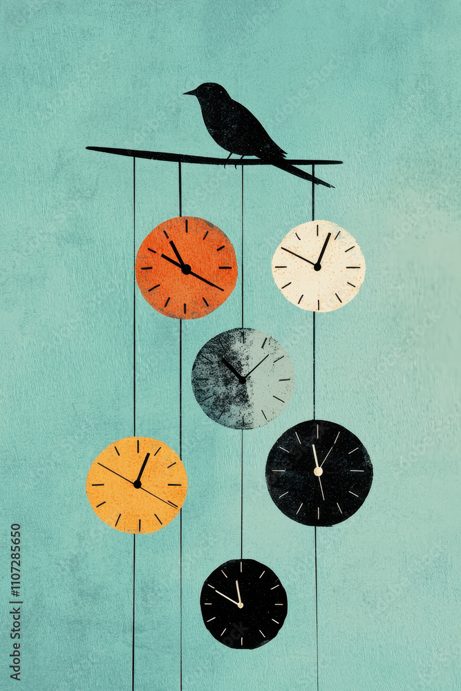 Poster captivating abstract art: a bird balancing time with colorful clocks in a thought-provoking conceptu
