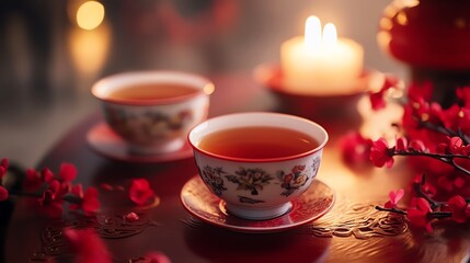 Fototapeta premium A serene tea setting with glowing candles and cherry blossoms.