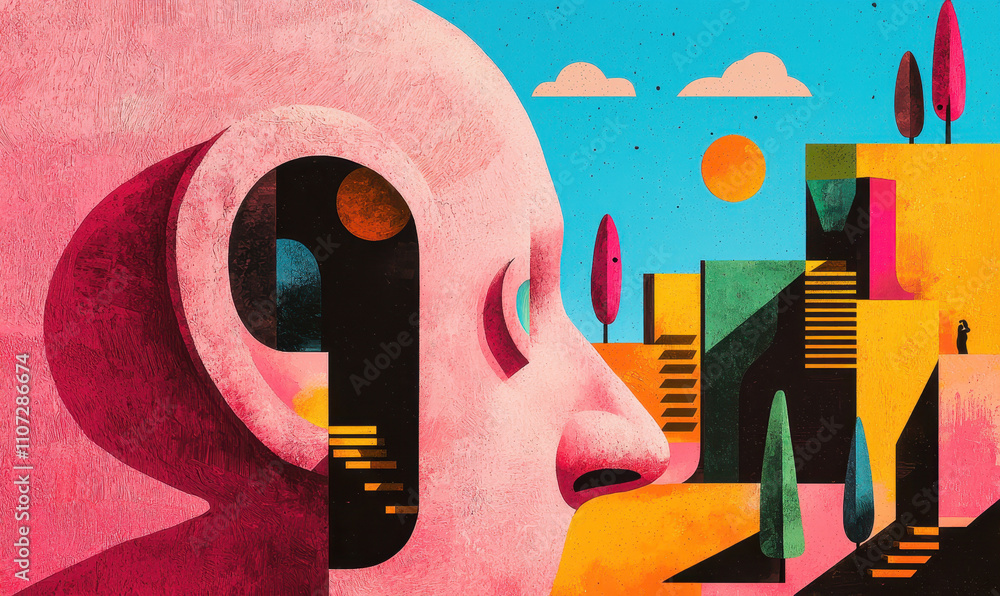 Poster exploring the surreal mindscape: a journey through abstract forms and vivid colors in a dreamlike la
