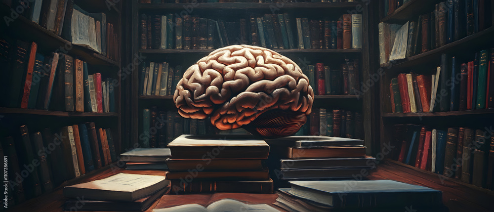 Poster human brain hovering above stack of books in library, knowledge and learning concept