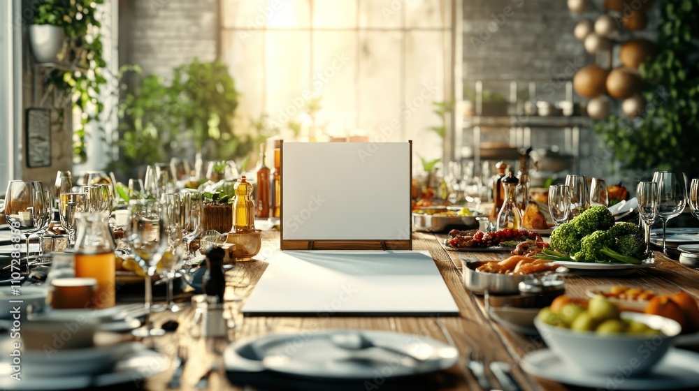 Aufkleber a beautifully set dining table with an empty canvas, ready for a culinary event.