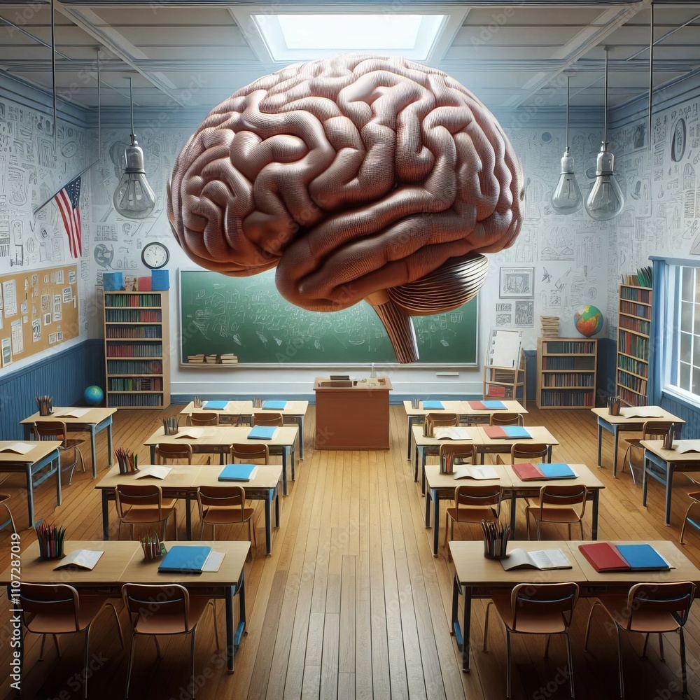 Poster a classroom with a giant brain symbolizing the importance of lea
