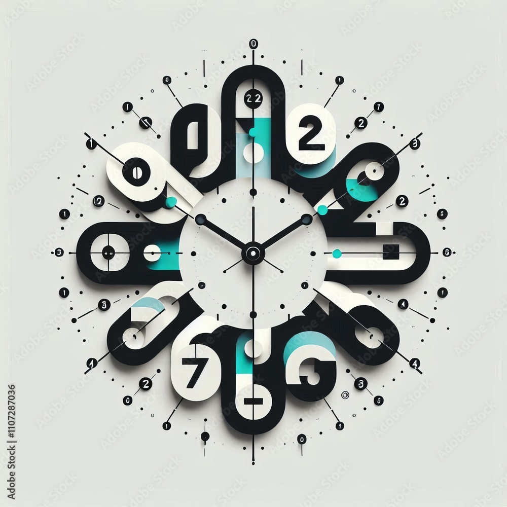 Poster a clock design where numbers and markers are arranged with geome