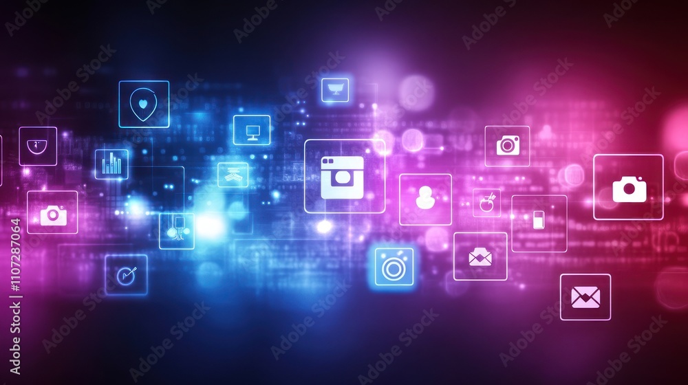 Poster abstract digital background with icons representing social media and communication.