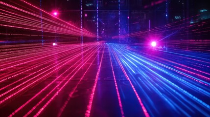 Abstract vibrant light streaks converging on dark floor.